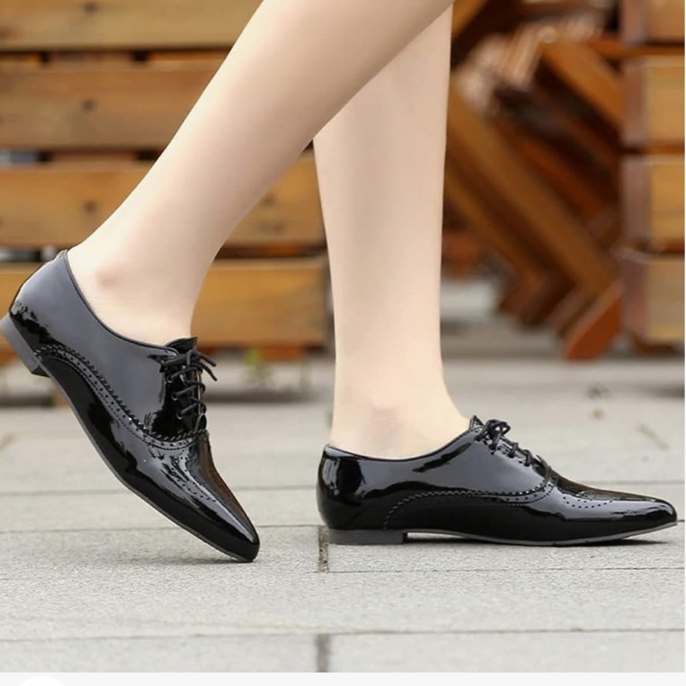 NWOT Womens Patent Leather Pointed Toe Flat Oxford Wingtip Dress… - Picture 6 of 12